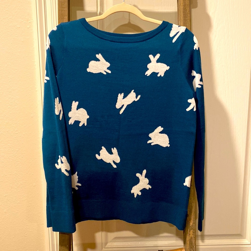 LOFT Teal Sweater with White Bunny Motif
